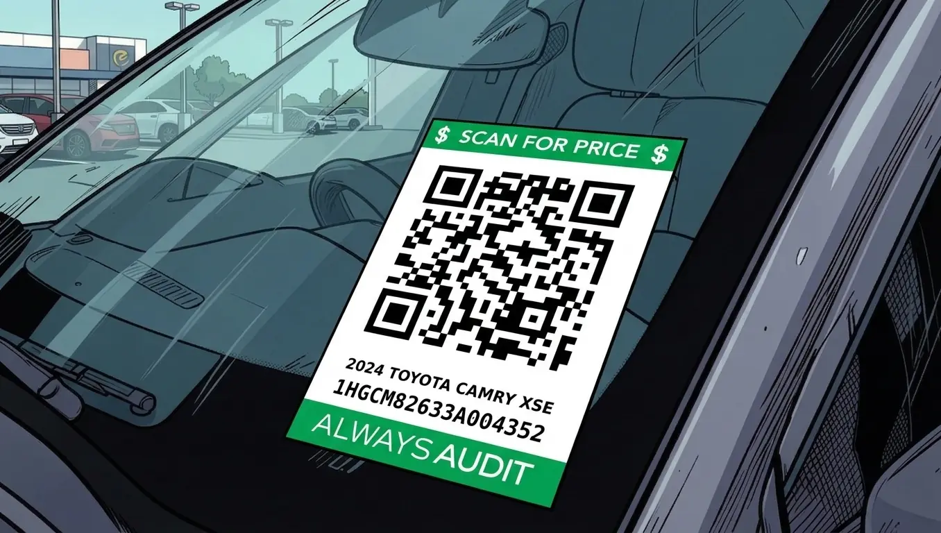 Green Scan for Price smart label QR code on a car windshield at a dealership lot